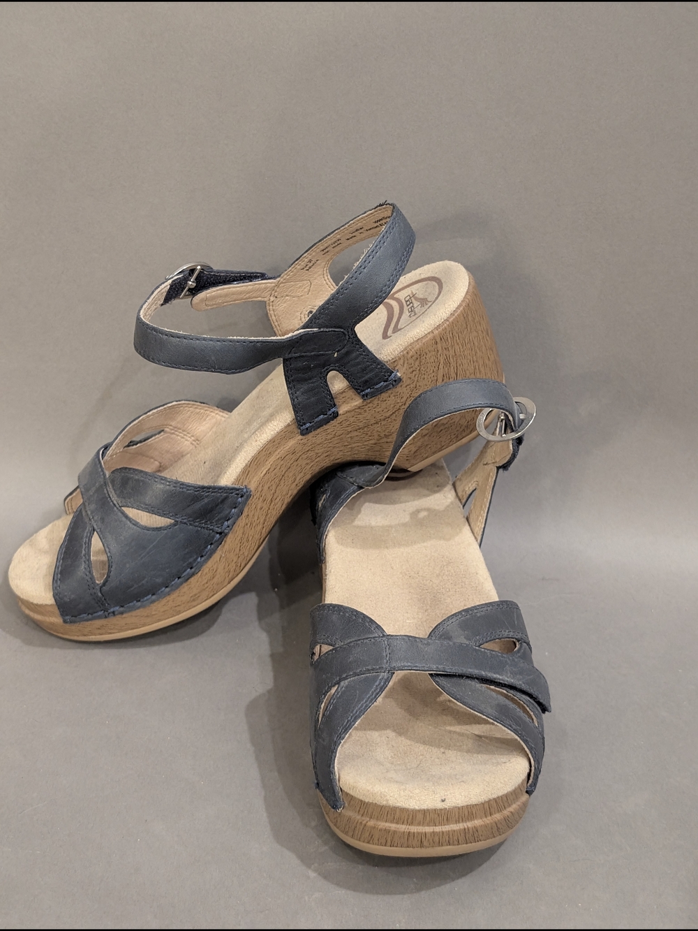 Women's Blue Dansko Leather Wedge Sandals - Ankle Strap With Velcro